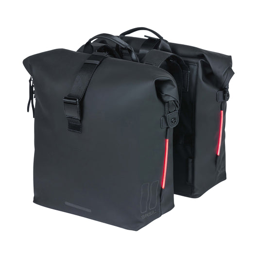 Sacoche arrière vélo double Basil soho 41l noir fixation velcros sur porte bagage 31x12x37cm avec éclairage led