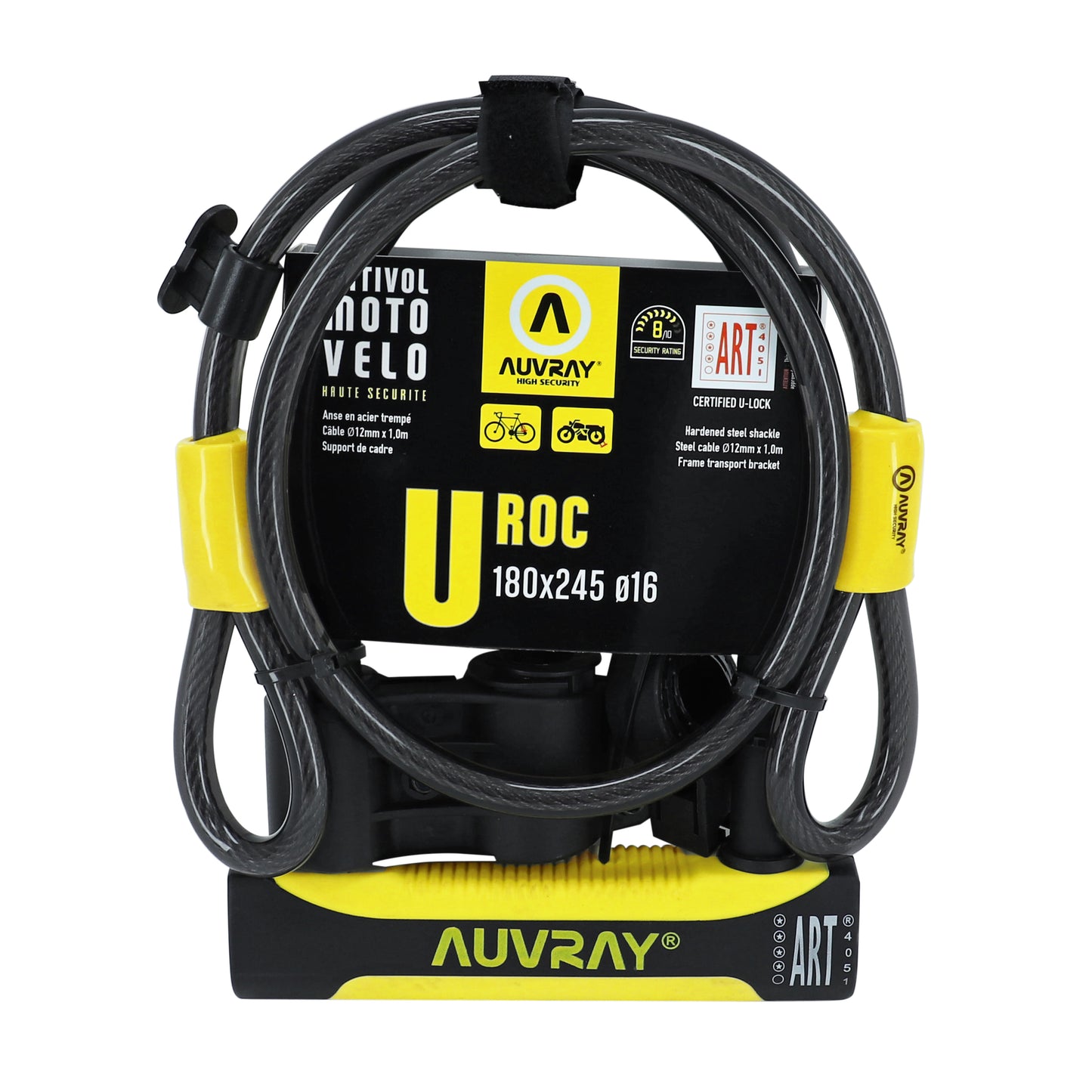 Auvray U-Lock bike lock 180 x 245 mm, 16 mm diameter, no bracket, with 1 m, 12 mm diameter cable, security level 8-10