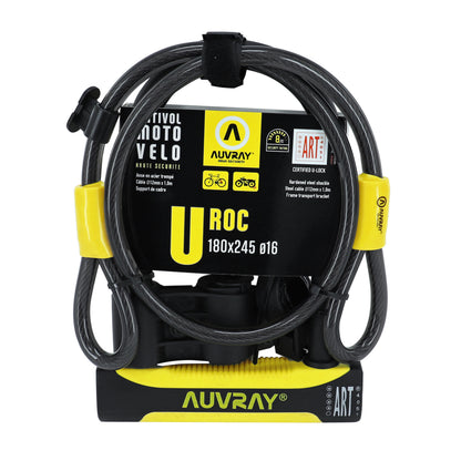 Auvray U-Lock bike lock 180 x 245 mm, 16 mm diameter, no bracket, with 1 m, 12 mm diameter cable, security level 8-10