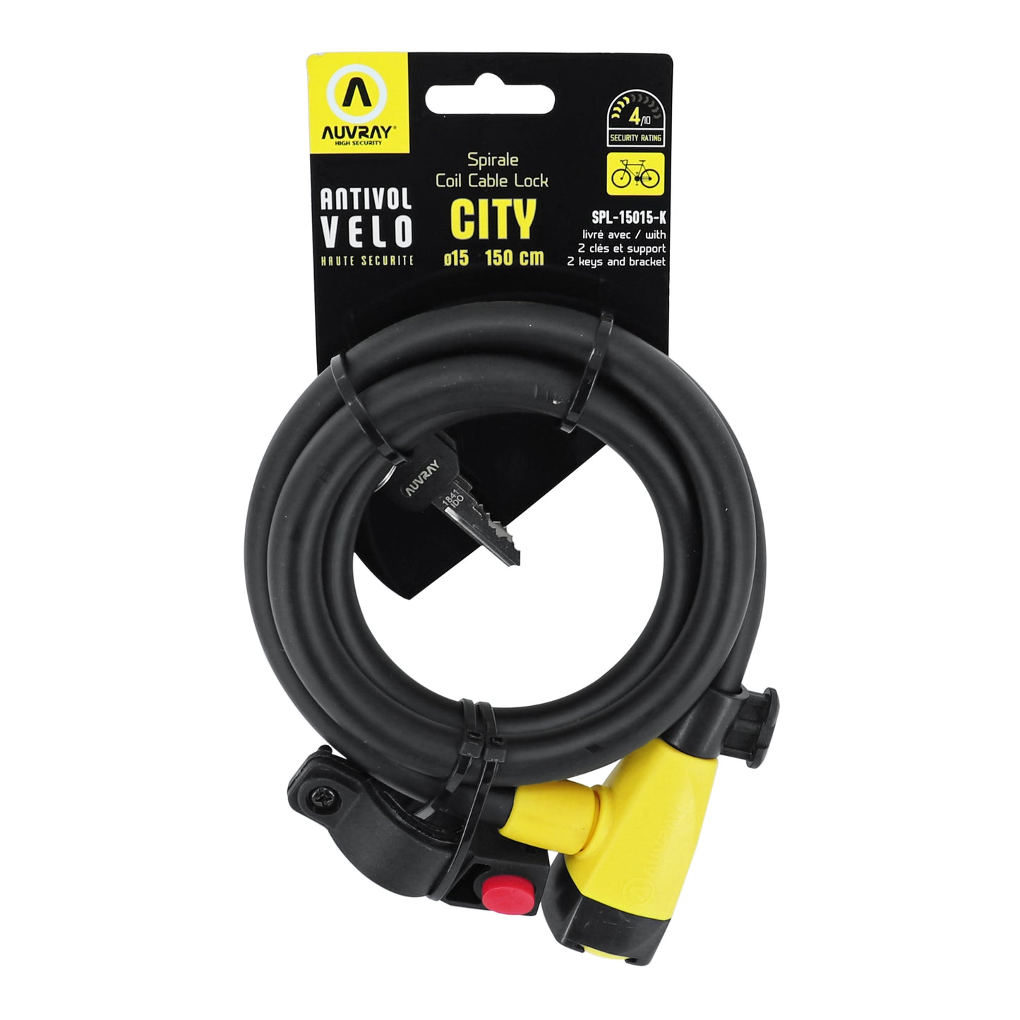 Auvray spiral bike lock with key, 15 mm diameter, 1.50 m long, matte black with bracket