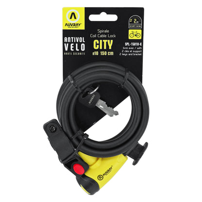 Auvray Spiral key bike lock, 10 mm diameter, 1.50 m long, matte black with bracket