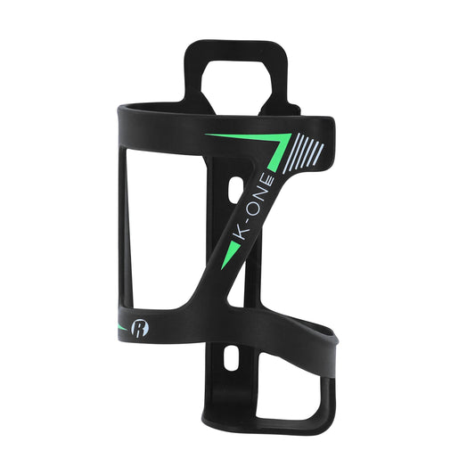 Roto K-One composite black water bottle cage with green details, side access