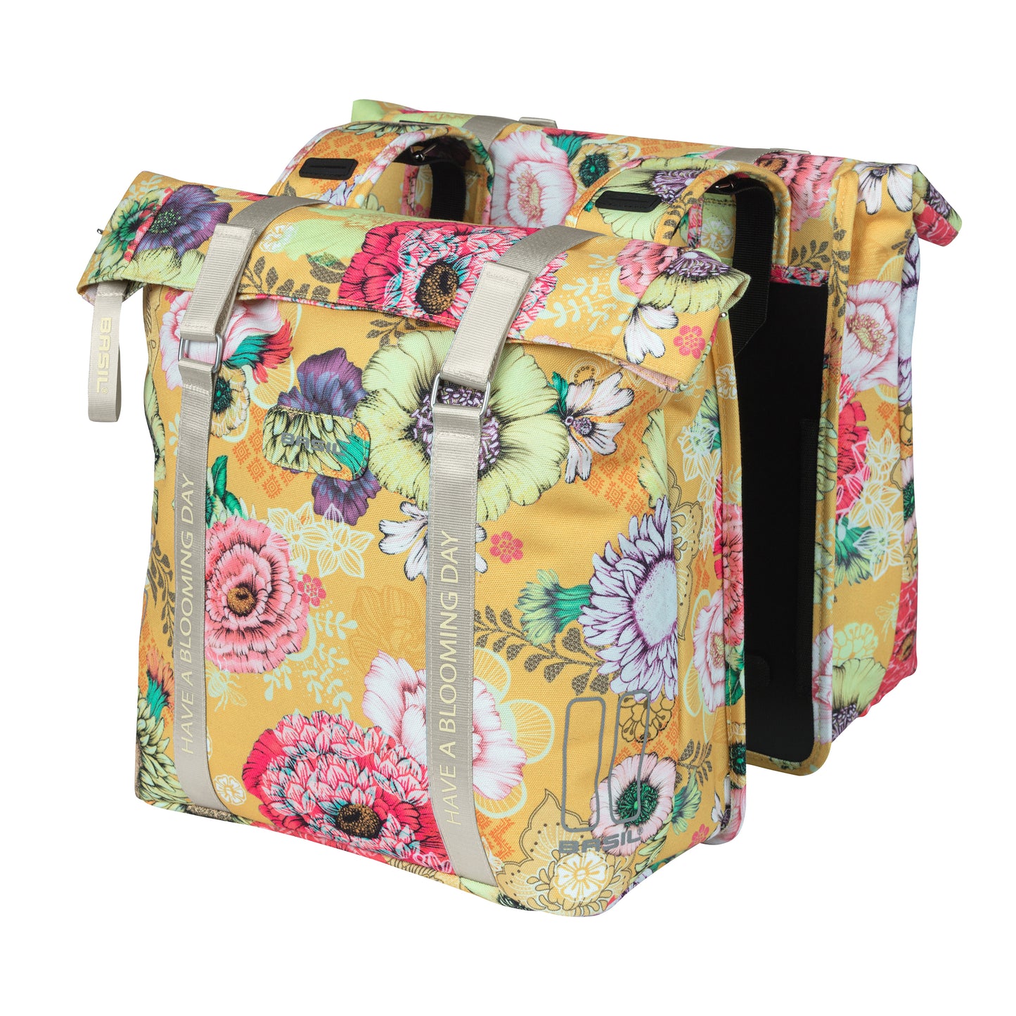 Sacoche arrière vélo double Basil bloom field 28-35l jaune honey fixation crochet-ressort 30x15x33cm