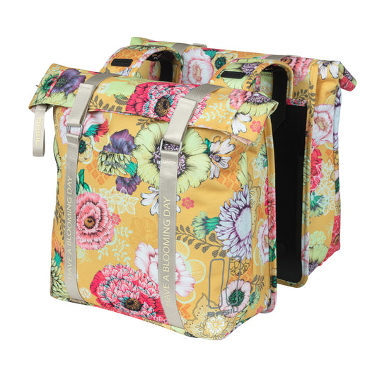 Sacoche arrière vélo double Basil bloom field 28-35l jaune honey fixation crochet-ressort 30x15x33cm