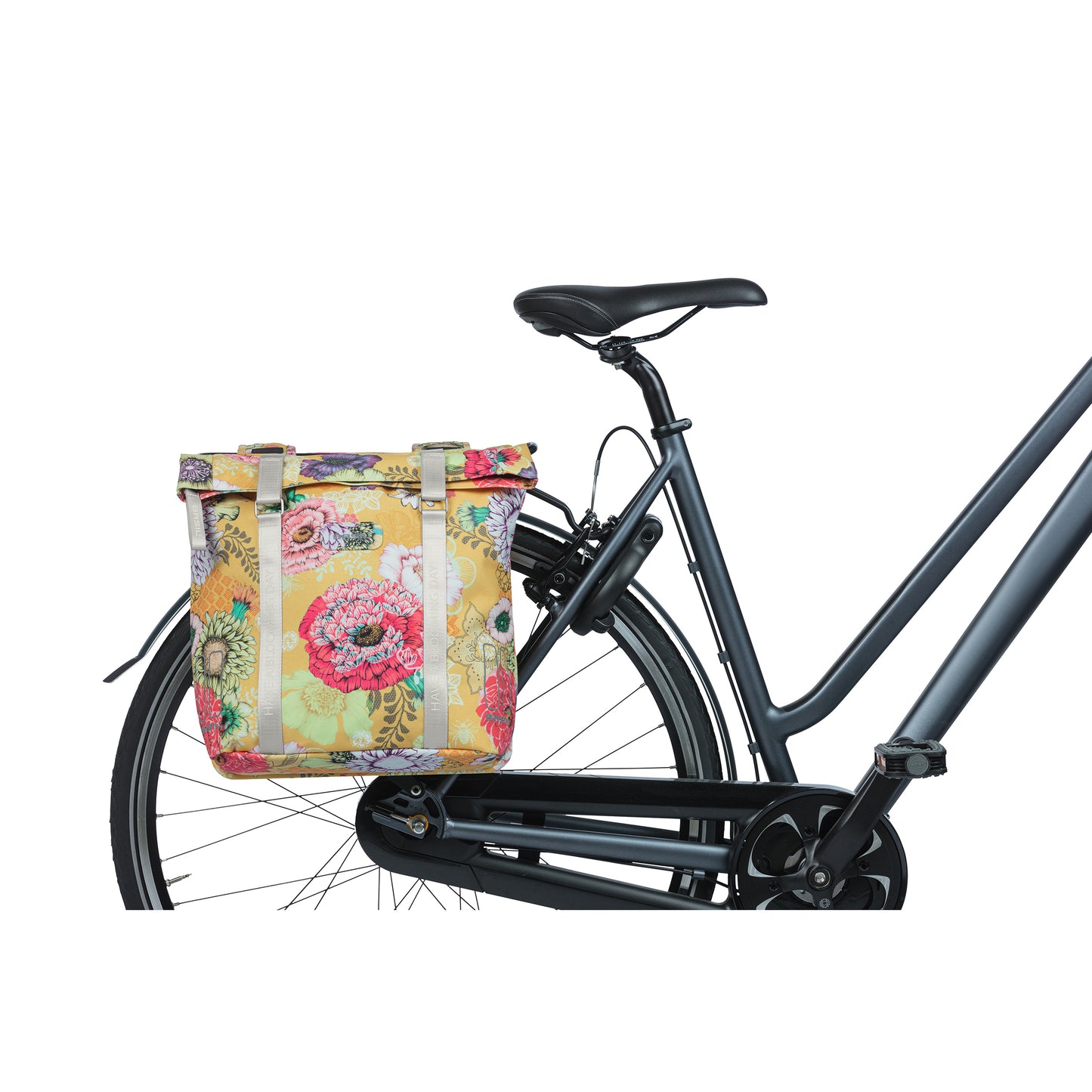 Sacoche arrière vélo double Basil bloom field 28-35l jaune honey fixation crochet-ressort 30x15x33cm