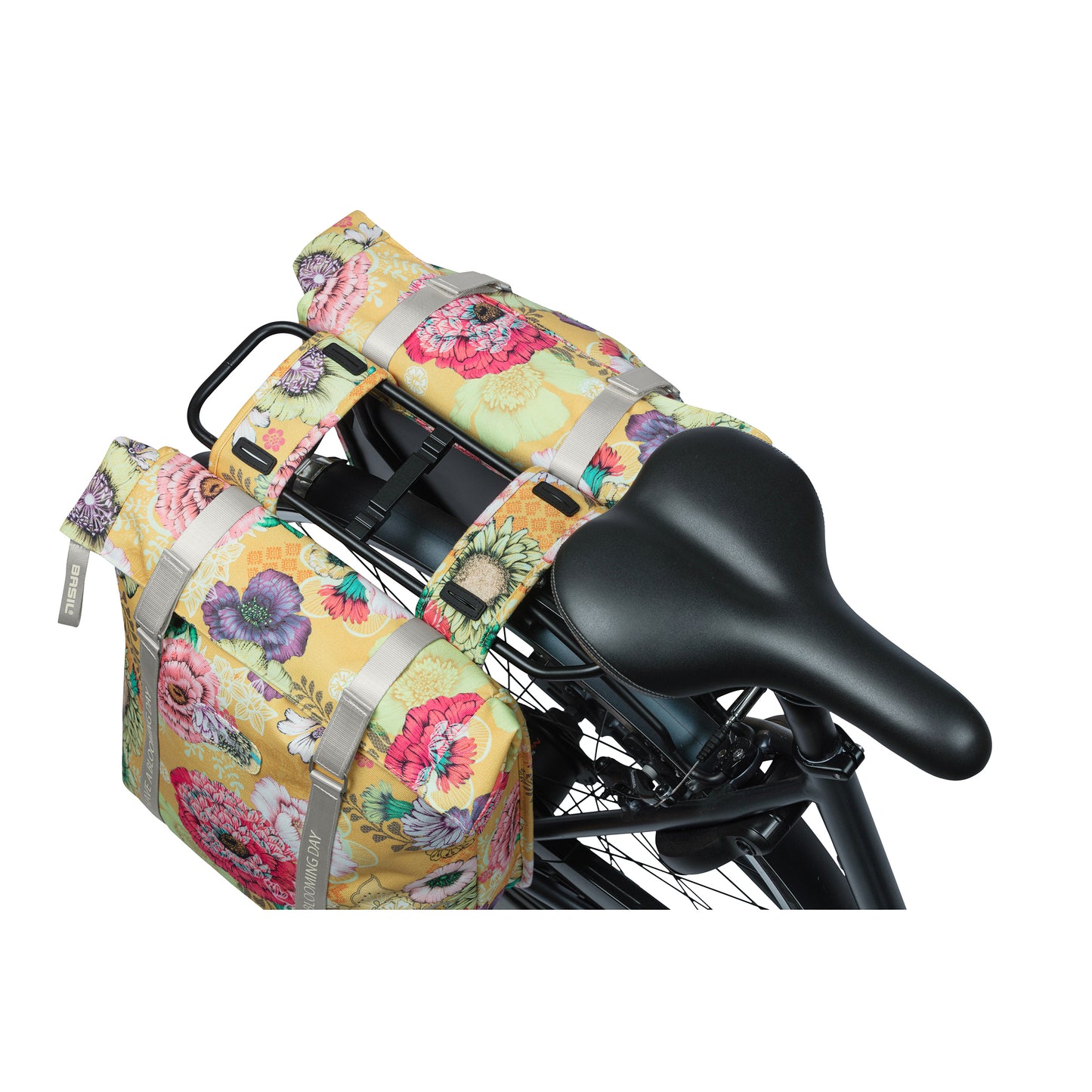 Sacoche arrière vélo double Basil bloom field 28-35l jaune honey fixation crochet-ressort 30x15x33cm