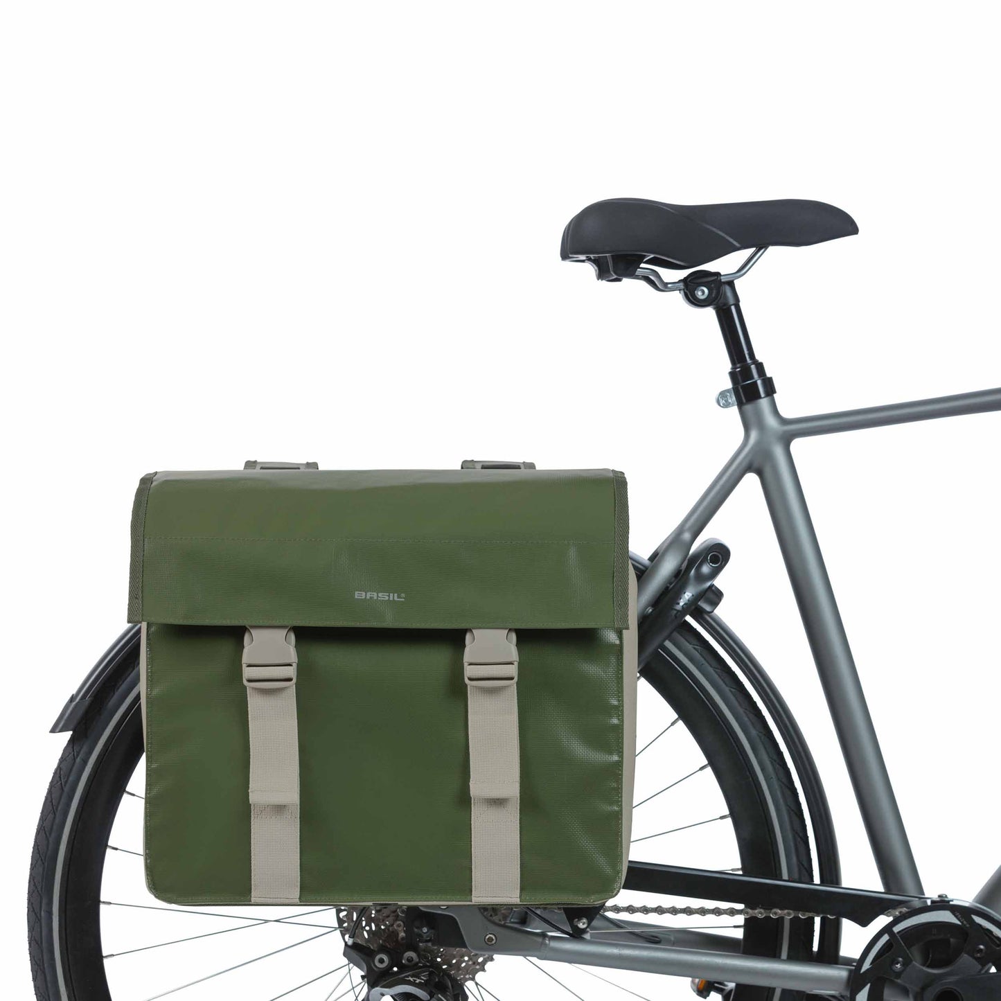 Sacoche arrière vélo double Basil urban load imperméable vert / sable 48-53l 41x18x46cm waterproof