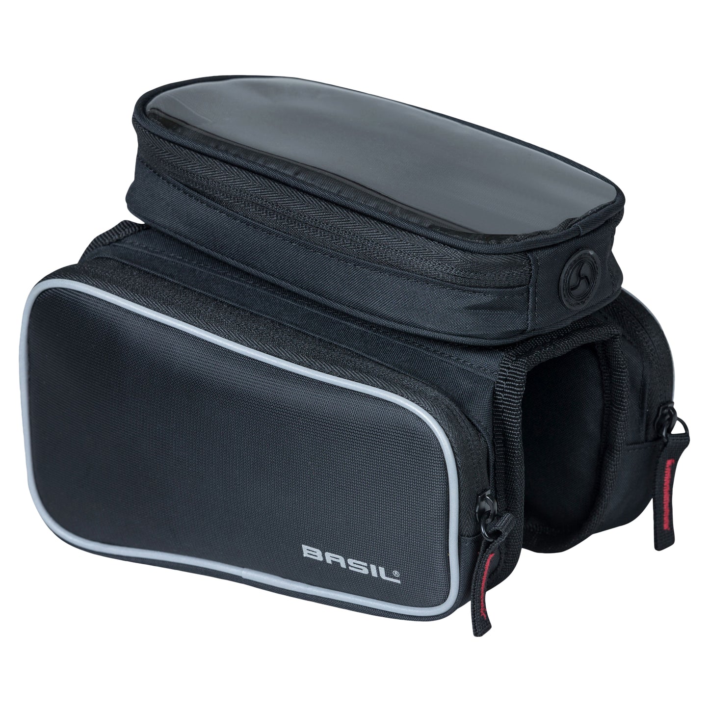 Sacoche de cadre vélo Basil design noir fixation velcro 1.5l avec 2 compartiments latéraux