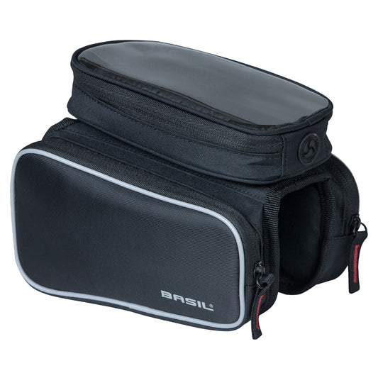 Sacoche de cadre vélo Basil design noir fixation velcro 1.5l avec 2 compartiments latéraux