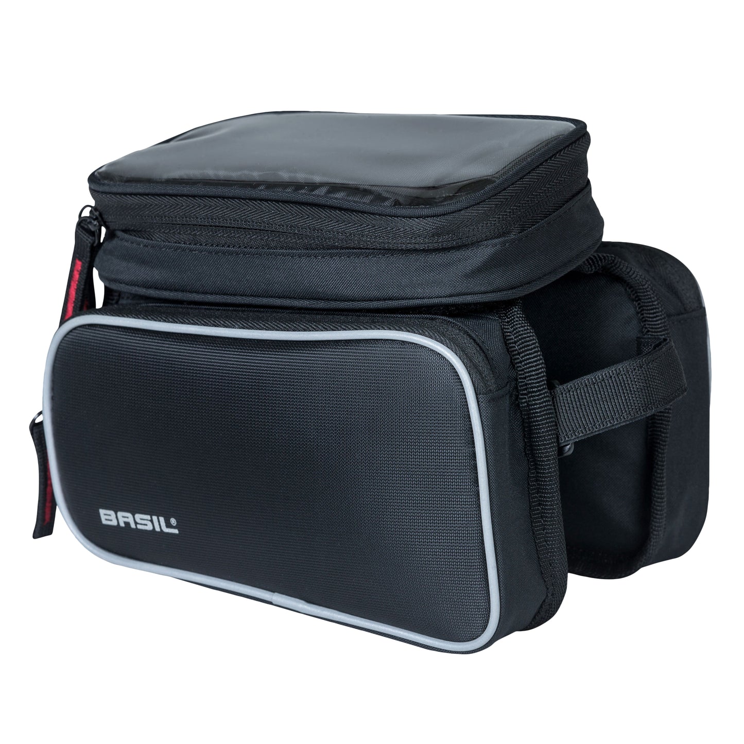 Sacoche de cadre vélo Basil design noir fixation velcro 1.5l avec 2 compartiments latéraux