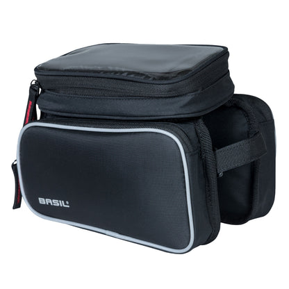 Sacoche de cadre vélo Basil design noir fixation velcro 1.5l avec 2 compartiments latéraux