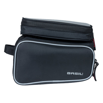 Sacoche de cadre vélo Basil design noir fixation velcro 1.5l avec 2 compartiments latéraux