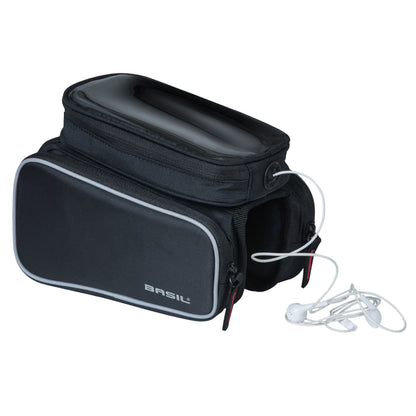 Sacoche de cadre vélo Basil design noir fixation velcro 1.5l avec 2 compartiments latéraux