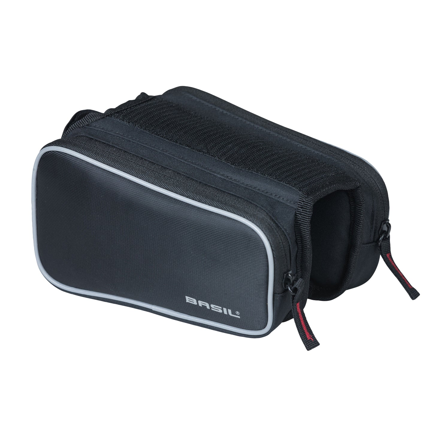 Sacoche de cadre vélo Basil design noir fixation velcro 1.5l avec 2 compartiments latéraux