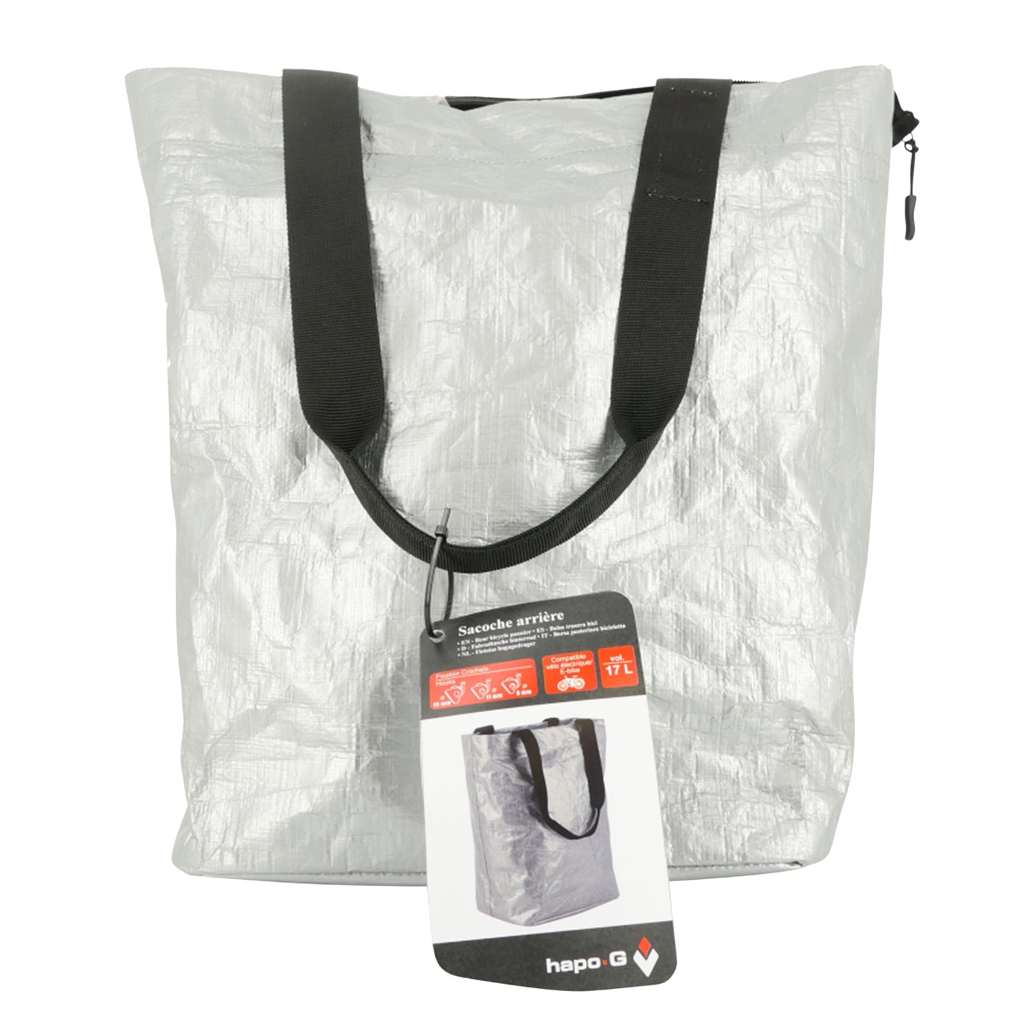Grey recycled material side pannier bike bag, rack mount with hook