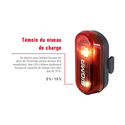 Eclairage vélo à pile arrière sur tige de selle Sigma curve rouge livré avec 2 piles aaa - visible 400m