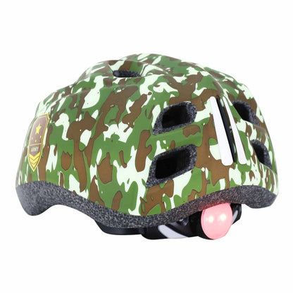 Polisport junior army green children's bike helmet with adjustment dial and LED light