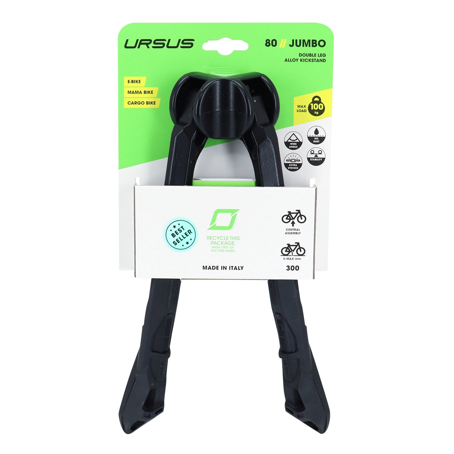 Béquille vélo double centrale Ursus jumbo 28"-700 pliable alu noir 300mm - supporte poids 100kgs