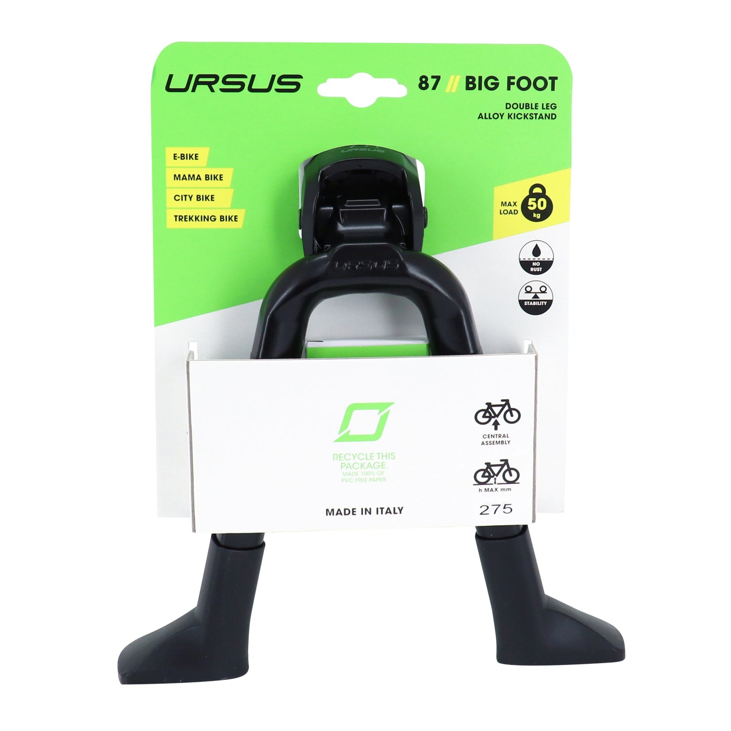 Béquille vélo double centrale Ursus big foot 26" pliable alu noir 275mm - supporte poids 50kgs