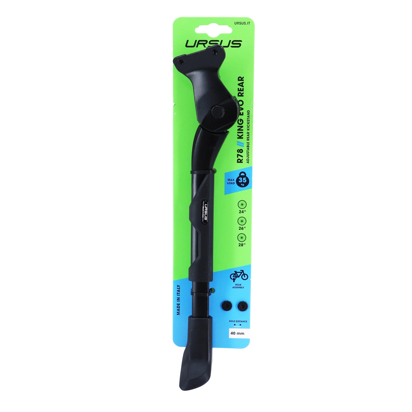 Béquille vélo latérale arrière Ursus king evo rear 24-28'' noir réglable fixation 2 vis sur base entraxe 40mm - supporte 35kgs