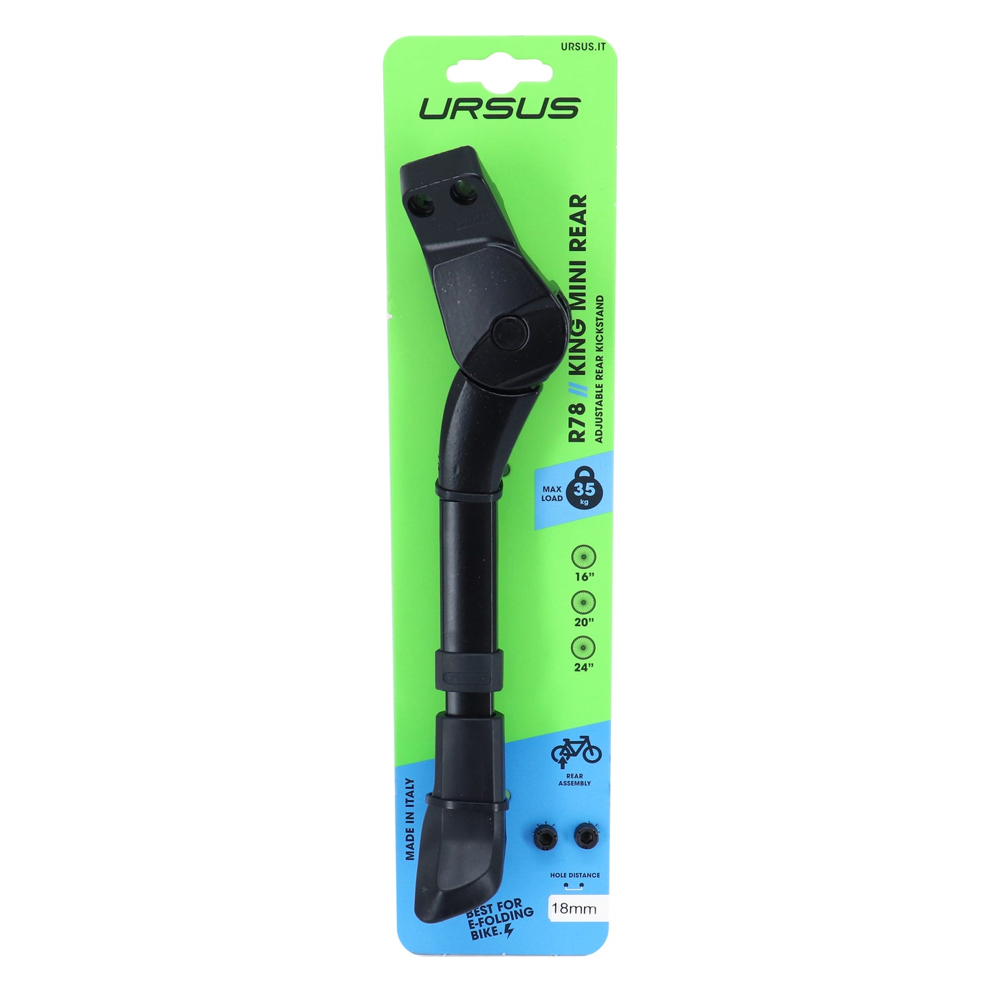 Ursus King Mini 16-20-24'' Black Adjustable Rear Side Kickstand, 2-Bolt Chainstay Mount, 18mm Hole Spacing - Supports 35kgs