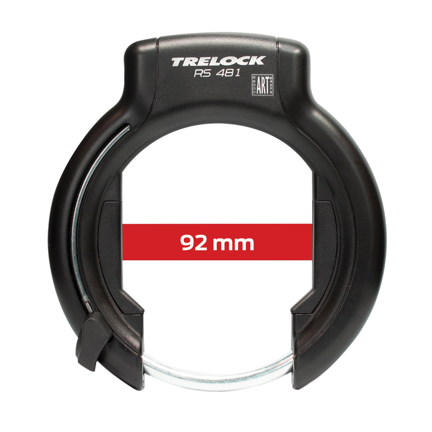 Antivol vélo fer à cheval Trelock RS481 noir avec fixation fixation sur cadre largeur de 106 mm à 112 mm écart pneu 92 mm clé non amovible