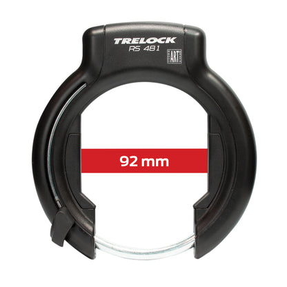 Antivol vélo fer à cheval Trelock RS481 noir avec fixation fixation sur cadre largeur de 106 mm à 112 mm écart pneu 92 mm clé non amovible