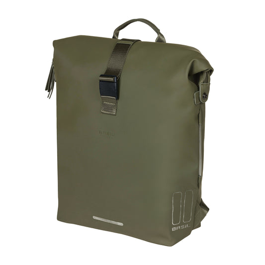 Sacoche arrière sac à dos vélo latérale Basil soho 17l vert forêt fixation porte bagage crochet hook 31x14x37cm avec éclairage led