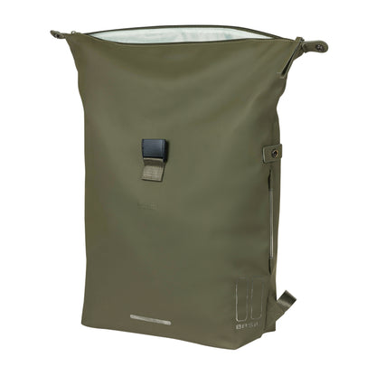 Sacoche arrière sac à dos vélo latérale Basil soho 17l vert forêt fixation porte bagage crochet hook 31x14x37cm avec éclairage led