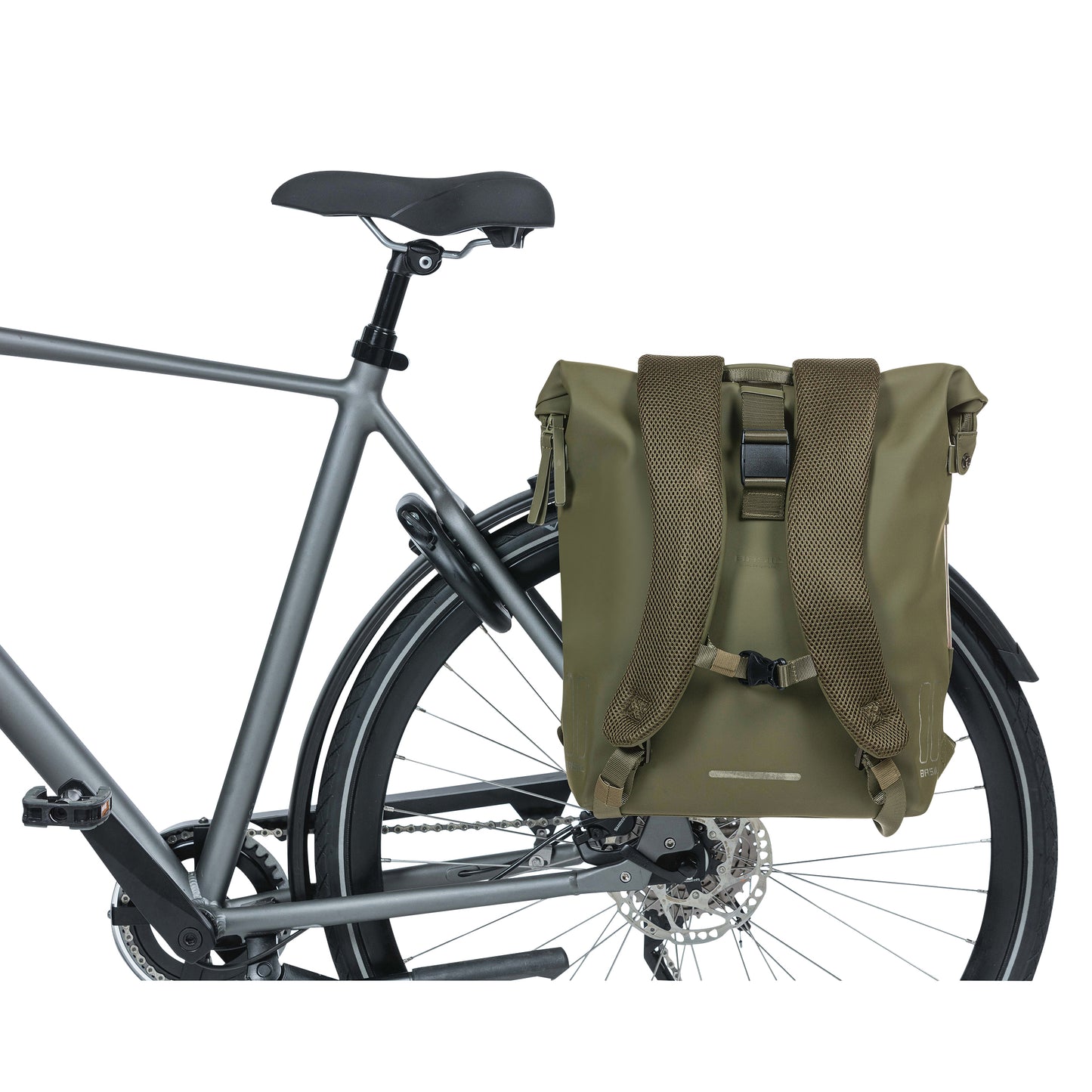 Sacoche arrière sac à dos vélo latérale Basil soho 17l vert forêt fixation porte bagage crochet hook 31x14x37cm avec éclairage led