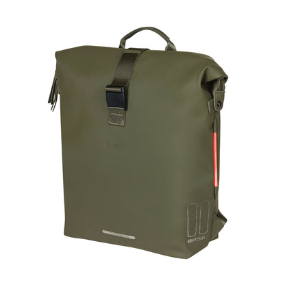 Sacoche arrière sac à dos vélo latérale Basil soho 17l vert forêt fixation porte bagage crochet hook 31x14x37cm avec éclairage led