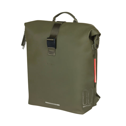 Sacoche arrière sac à dos vélo latérale Basil soho 17l vert forêt fixation porte bagage crochet hook 31x14x37cm avec éclairage led