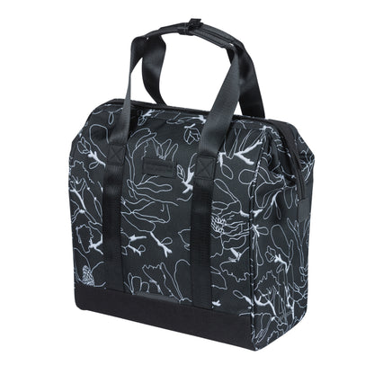 Sacoche arrière vélo latérale Basil grand flower shopper noir déco blanc droit-gauche waterproof 23l 34x19x35cm