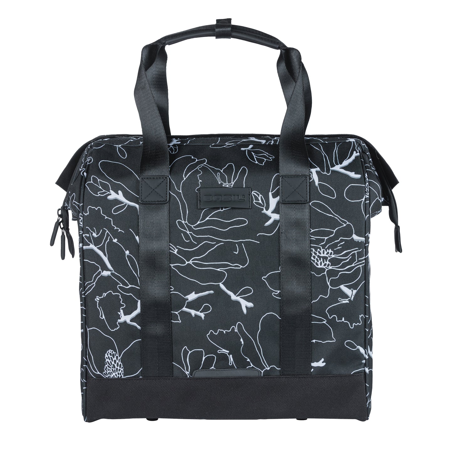 Sacoche arrière vélo latérale Basil grand flower shopper noir déco blanc droit-gauche waterproof 23l 34x19x35cm