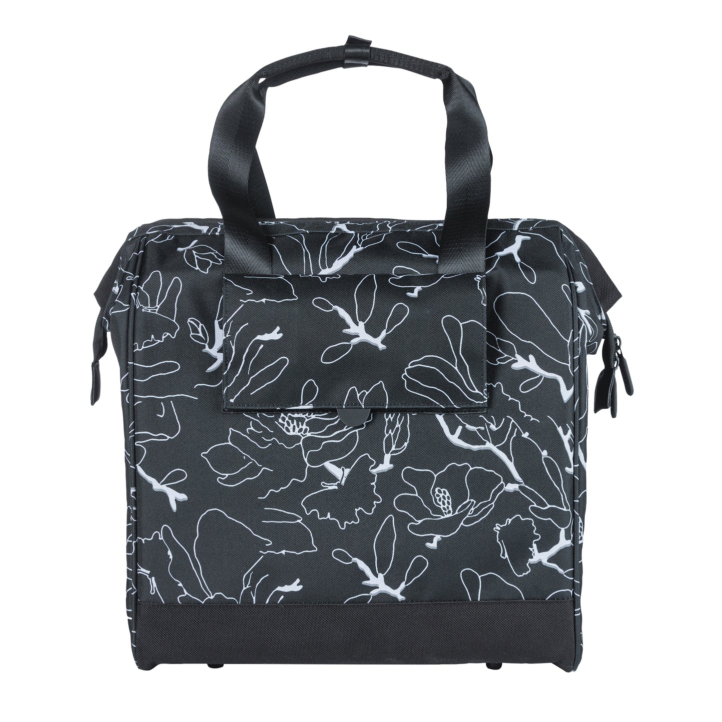 Sacoche arrière vélo latérale Basil grand flower shopper noir déco blanc droit-gauche waterproof 23l 34x19x35cm