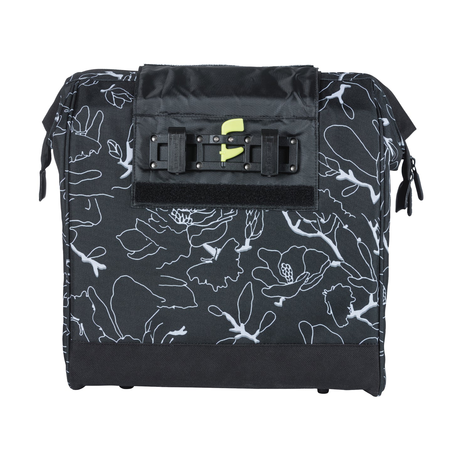 Sacoche arrière vélo latérale Basil grand flower shopper noir déco blanc droit-gauche waterproof 23l 34x19x35cm