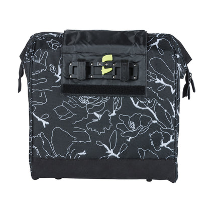 Sacoche arrière vélo latérale Basil grand flower shopper noir déco blanc droit-gauche waterproof 23l 34x19x35cm