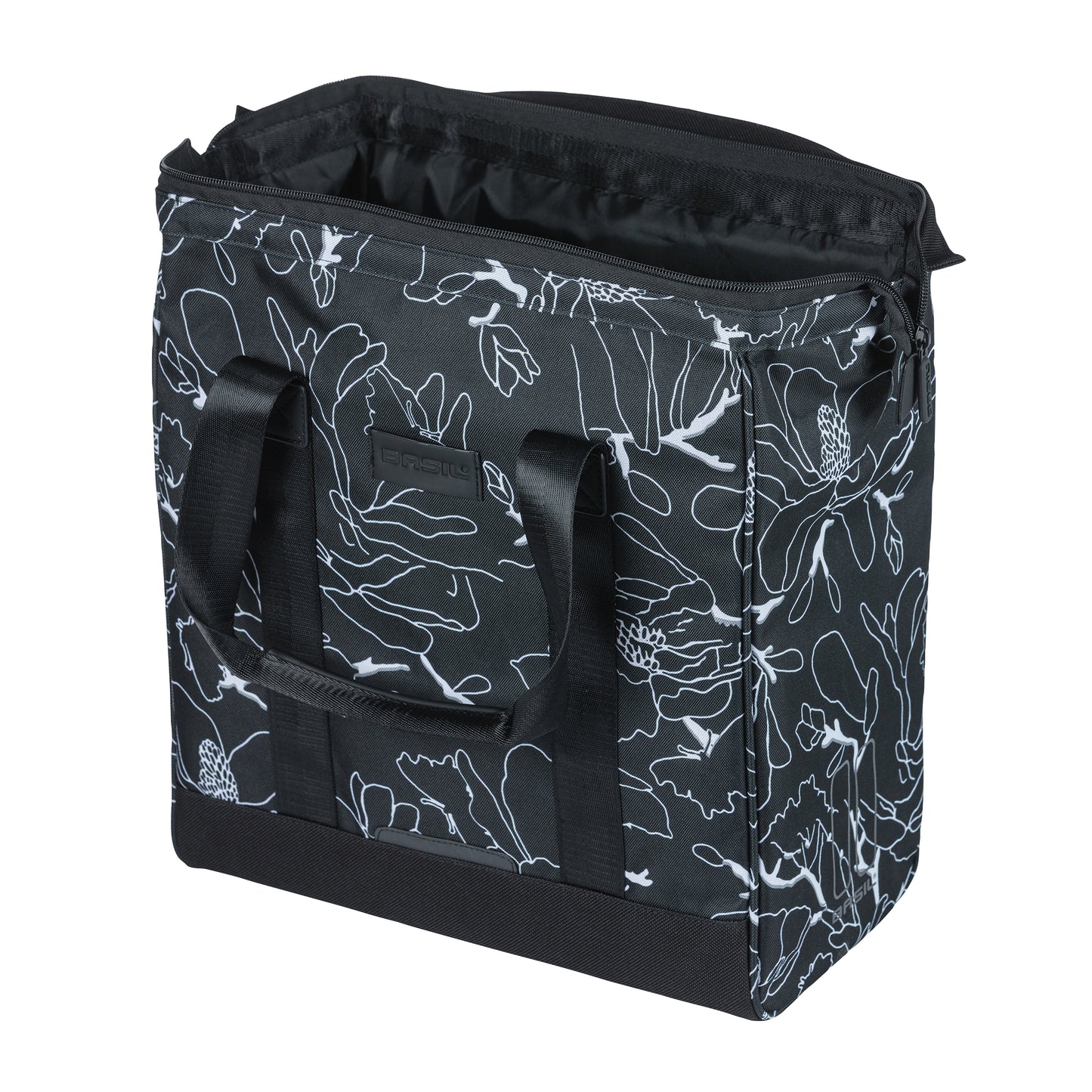 Sacoche arrière vélo latérale Basil grand flower shopper noir déco blanc droit-gauche waterproof 23l 34x19x35cm