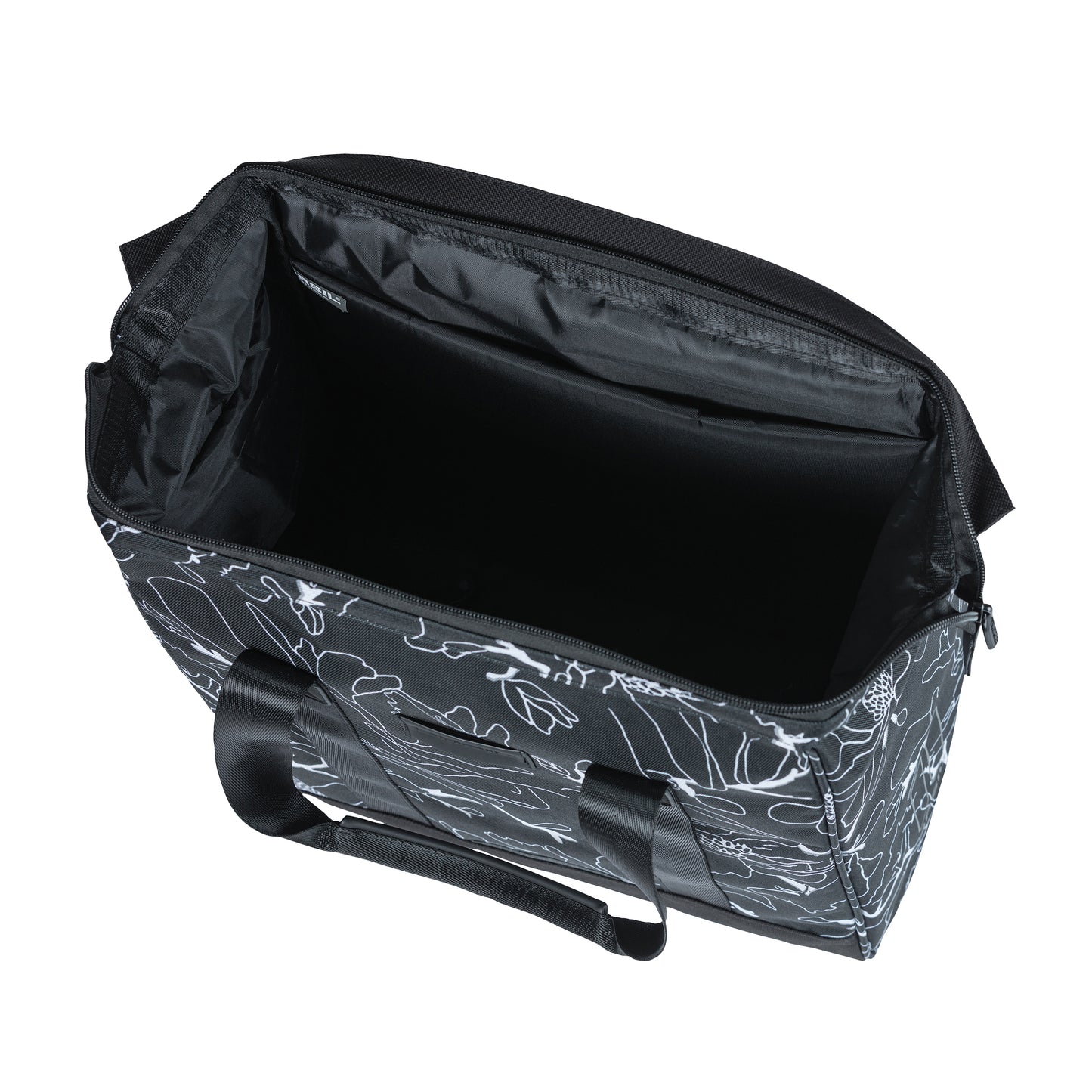 Sacoche arrière vélo latérale Basil grand flower shopper noir déco blanc droit-gauche waterproof 23l 34x19x35cm