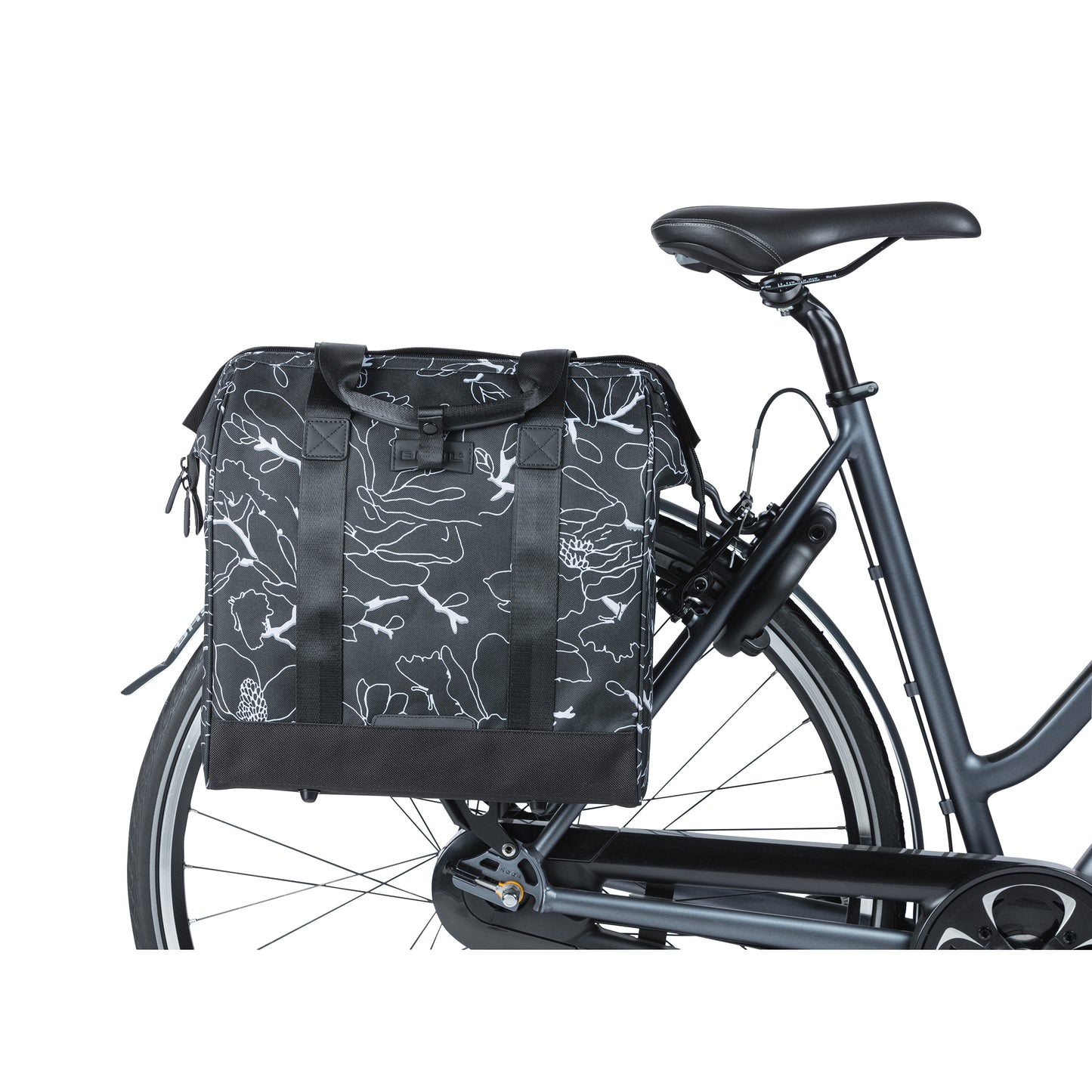 Sacoche arrière vélo latérale Basil grand flower shopper noir déco blanc droit-gauche waterproof 23l 34x19x35cm