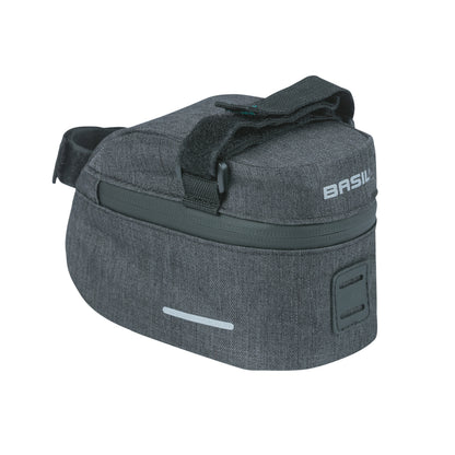 Sacoche de selle vélo Basil discovery 1l gris-noir fixation sangles sur chariot de selle polyester imperméable avec Housse anti-pluie