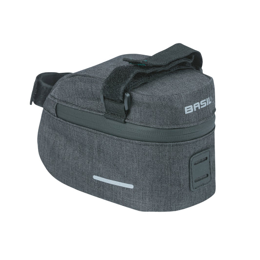 Sacoche de selle vélo Basil discovery 1l gris-noir fixation sangles sur chariot de selle polyester imperméable avec Housse anti-pluie