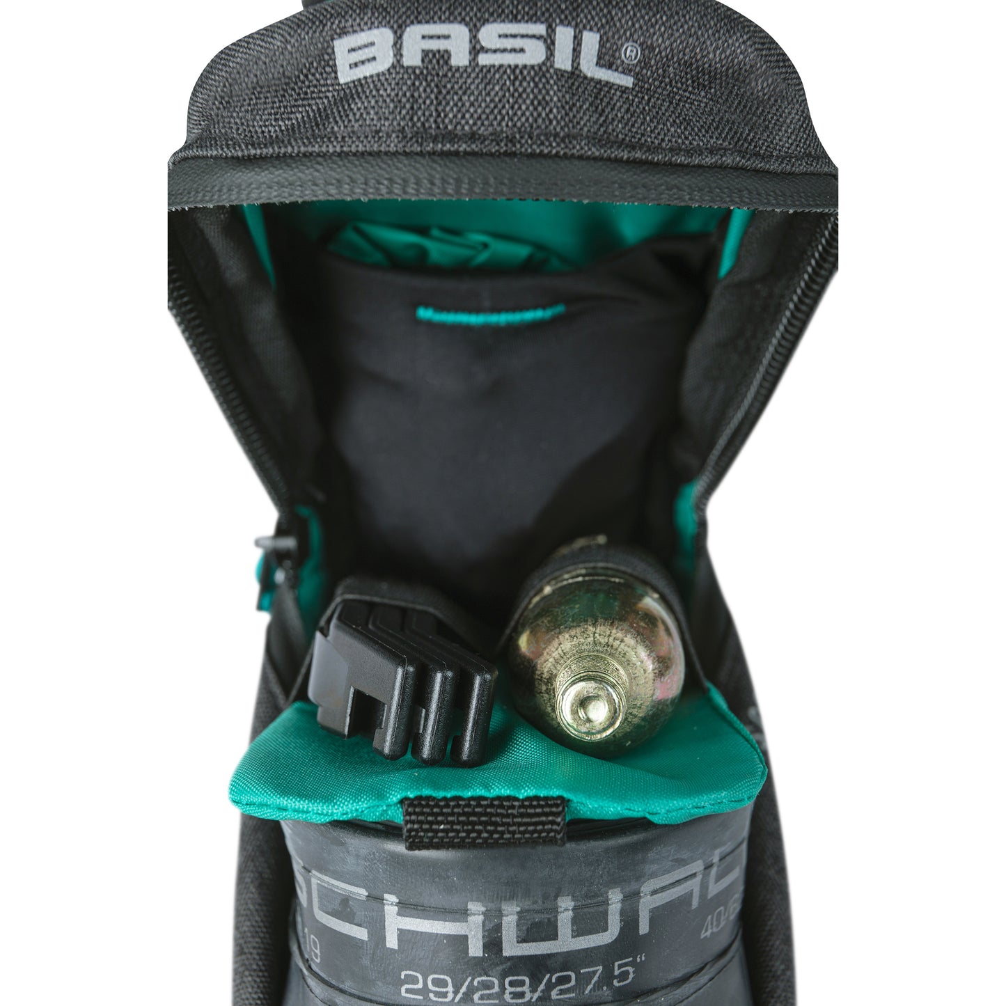 Sacoche de selle vélo Basil discovery 1l gris-noir fixation sangles sur chariot de selle polyester imperméable avec Housse anti-pluie
