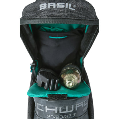 Sacoche de selle vélo Basil discovery 1l gris-noir fixation sangles sur chariot de selle polyester imperméable avec Housse anti-pluie