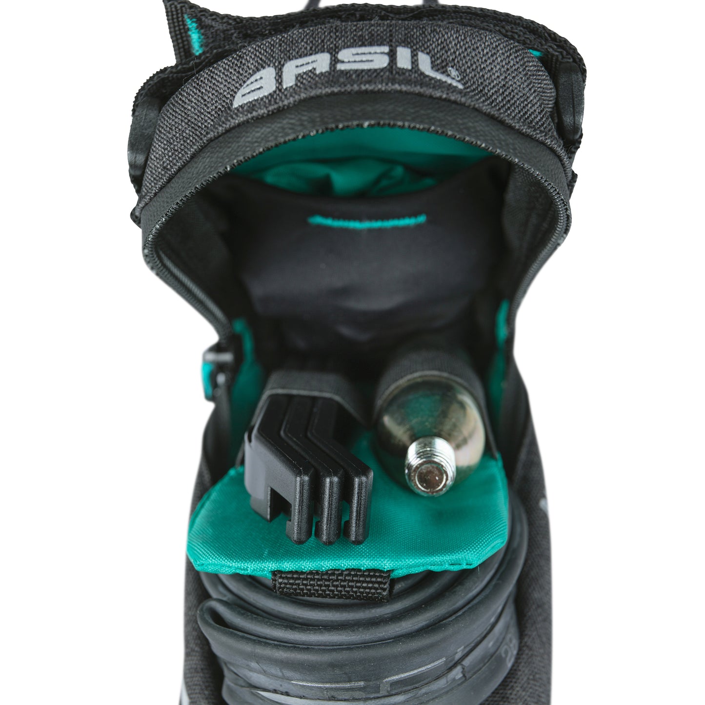 Sacoche de selle vélo Basil discovery 0.5l gris-noir fixation sangles sur chariot de selle polyester imperméable avec Housse anti-pluie