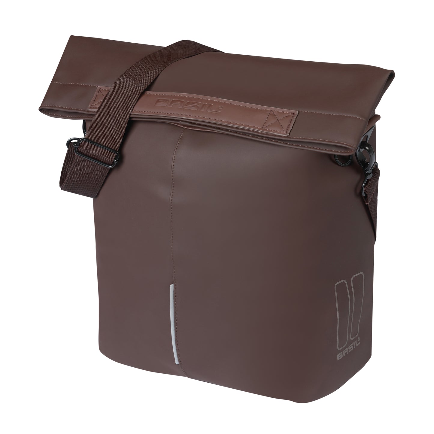 Sacoche arrière vélo latérale sac bandoulière Basil city shopper vegan marron imitation cuir droit-gauche 14-16l fixation hook-on porte bagage fermeture pliante anti-pluie avec réflechissant