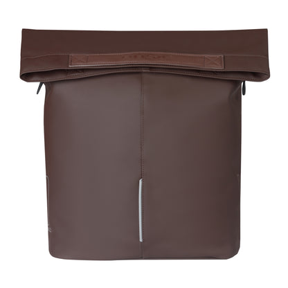 Sacoche arrière vélo latérale sac bandoulière Basil city shopper vegan marron imitation cuir droit-gauche 14-16l fixation hook-on porte bagage fermeture pliante anti-pluie avec réflechissant