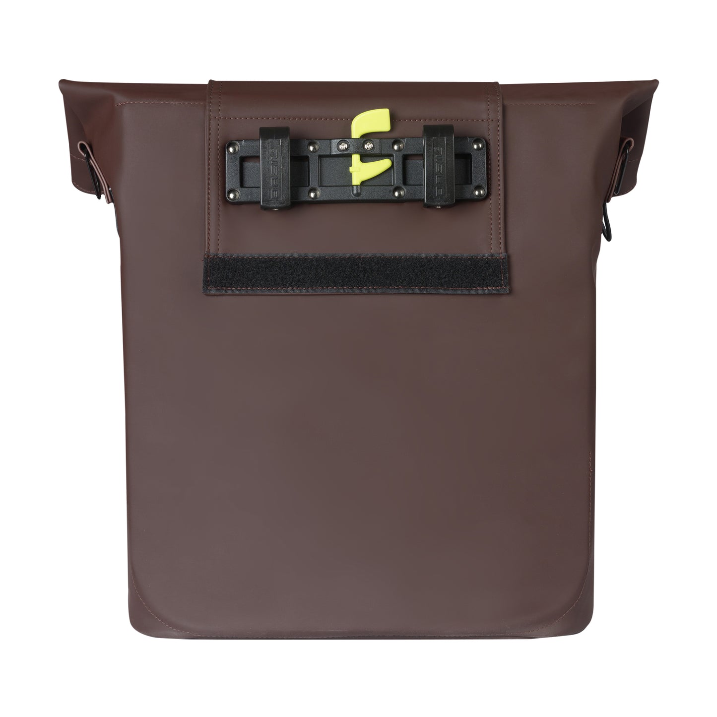 Sacoche arrière vélo latérale sac bandoulière Basil city shopper vegan marron imitation cuir droit-gauche 14-16l fixation hook-on porte bagage fermeture pliante anti-pluie avec réflechissant