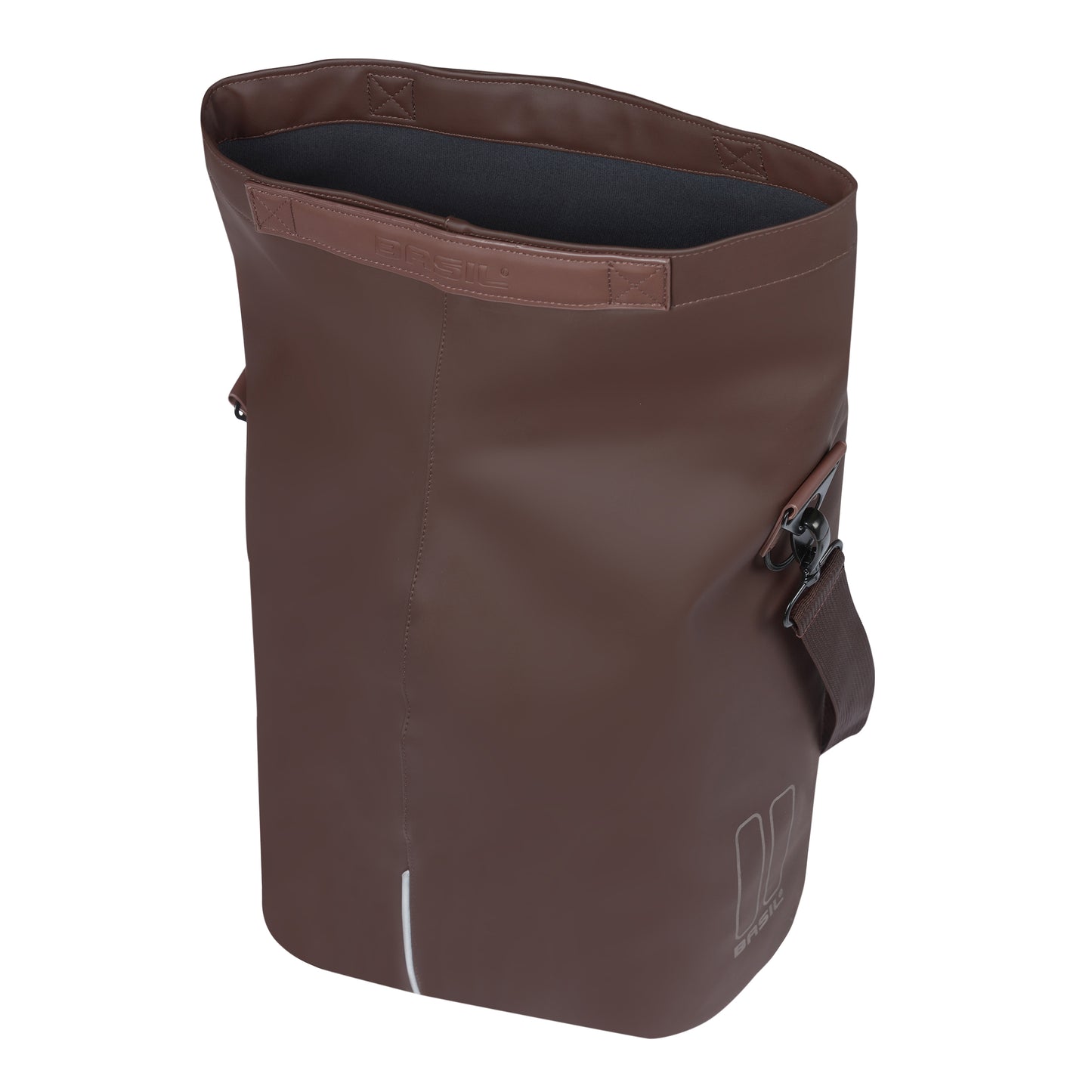 Sacoche arrière vélo latérale sac bandoulière Basil city shopper vegan marron imitation cuir droit-gauche 14-16l fixation hook-on porte bagage fermeture pliante anti-pluie avec réflechissant