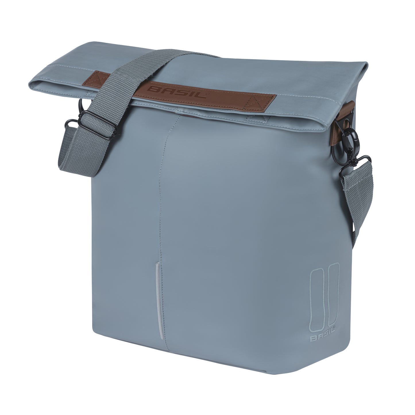 Sacoche arrière vélo latérale sac bandoulière Basil city shopper vegan bleu imitation cuir droit-gauche 14-16l fixation hook-on porte bagage fermeture pliante anti-pluie avec réflechissant